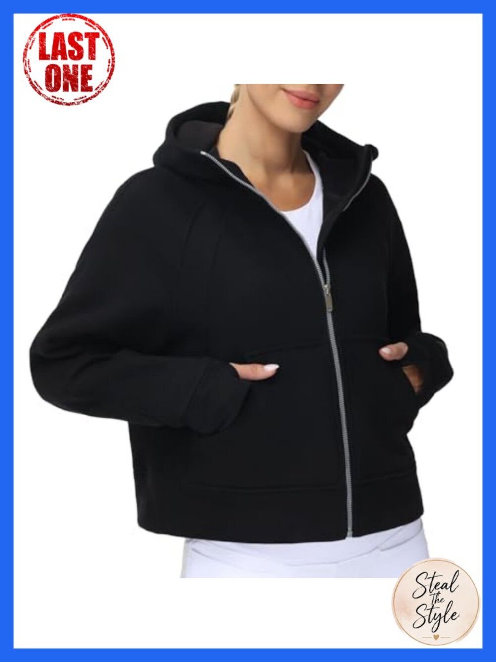 Women's Full-Zip Fleece Hoodie Jacket Crop Sweatshirt with Thumb Holes